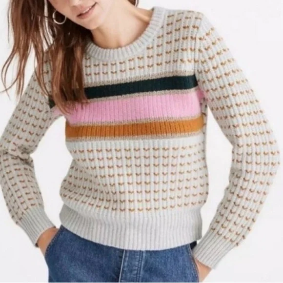 Madewell Women's Sweater with Pink, Gold, and Green Stripes Merino Wool & Alpaca - Picture 1 of 11
